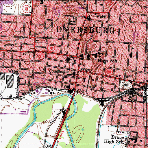 Topographic Map of Dyer County Courthouse, TN