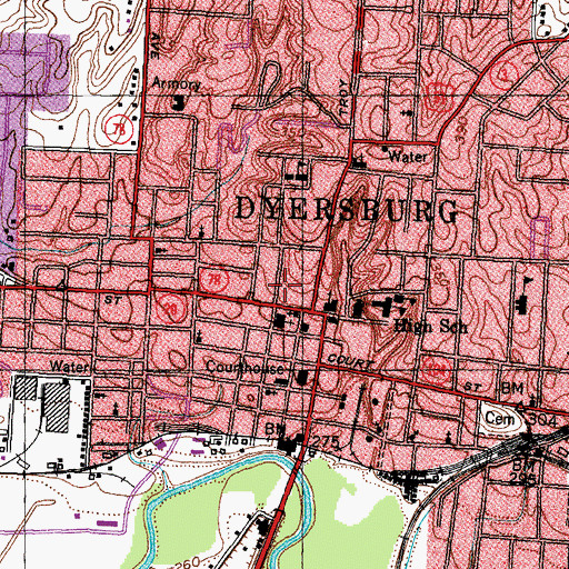 Topographic Map of Dyersburg Male and Female Academy (historical), TN
