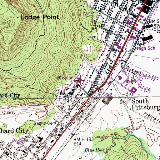 Topographic Map of South Pittsburg Municipal Hospital, TN