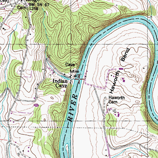 Topographic Map of Indian Cave Ferry (historical), TN