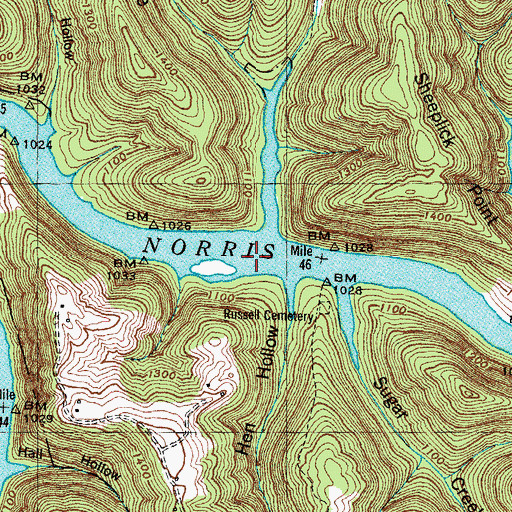 Topographic Map of Russell Ford (historical), TN