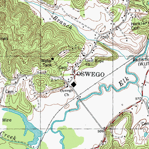 Topographic Map of Oswego, TN