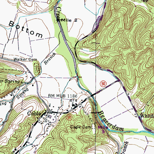Topographic Map of Cow Hollow Branch Stream, TN