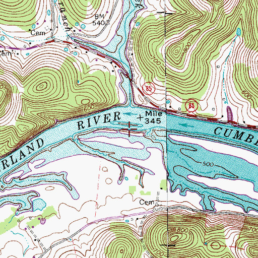 Topographic Map of McCarvers Bar, TN