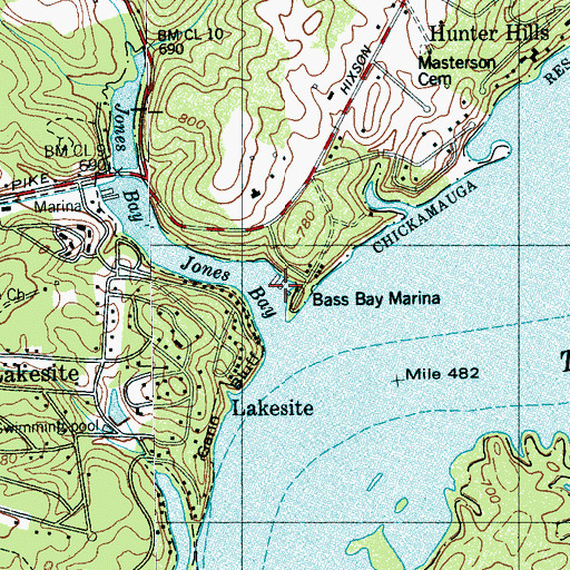 Topographic Map of Bass Bay Marina, TN