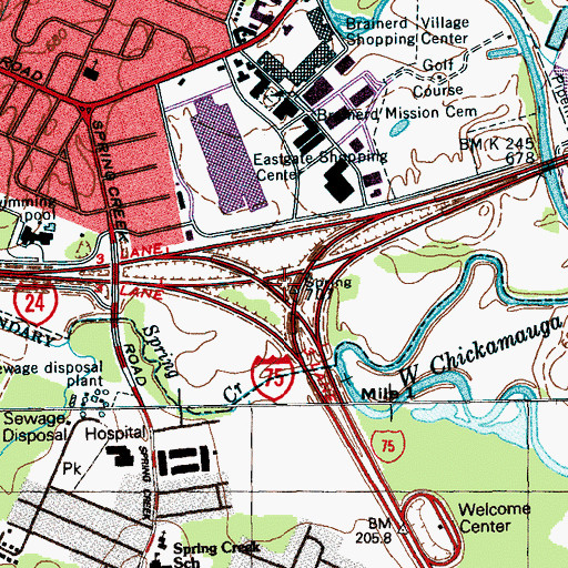 Topographic Map of Interchange 2 and 185, TN