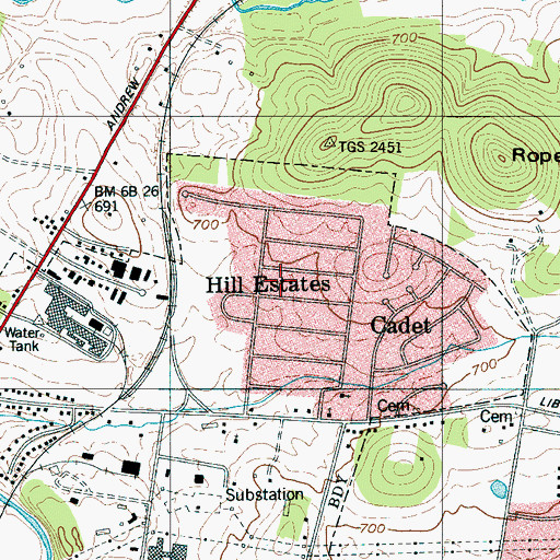 Topographic Map of Hill Estates, TN