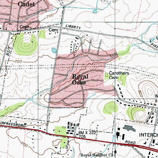 Topographic Map of Royal Oaks, TN