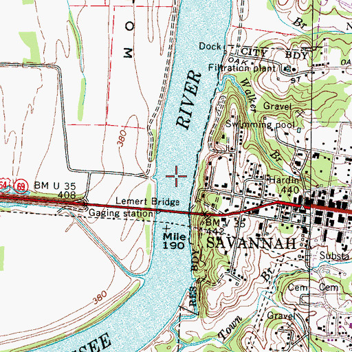 Topographic Map of Savannah Ferry (historical), TN