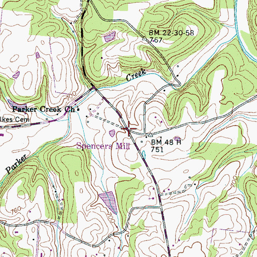 Topographic Map of Spencers Mill, TN