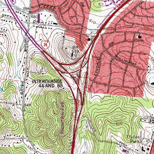 Topographic Map of Interchange 44 and 88, TN