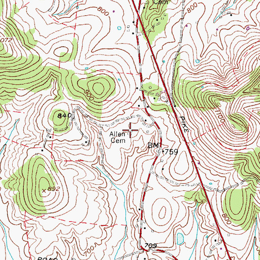 Topographic Map of Allen Cemetery, TN