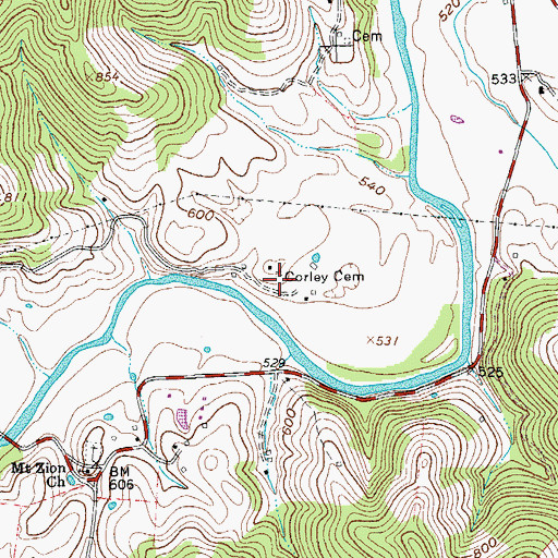 Topographic Map of Corley Cemetery, TN