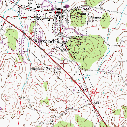 Topographic Map of Highland Memorial Cemetery, TN