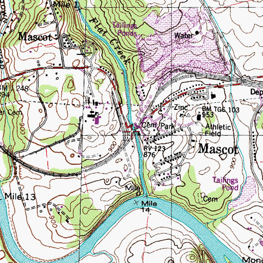 Topographic Map of Mascot, TN