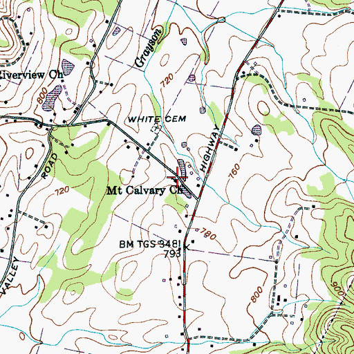 Topographic Map of Mount Calvary Church, TN