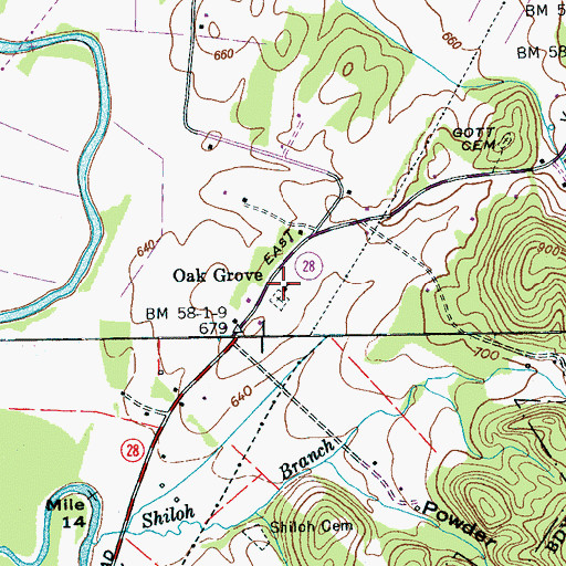 Topographic Map of Oak Grove Cumberland Presbyterian Church, TN