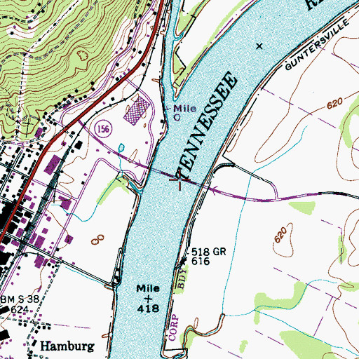 Topographic Map of Shelby Rhinehart Bridge, TN