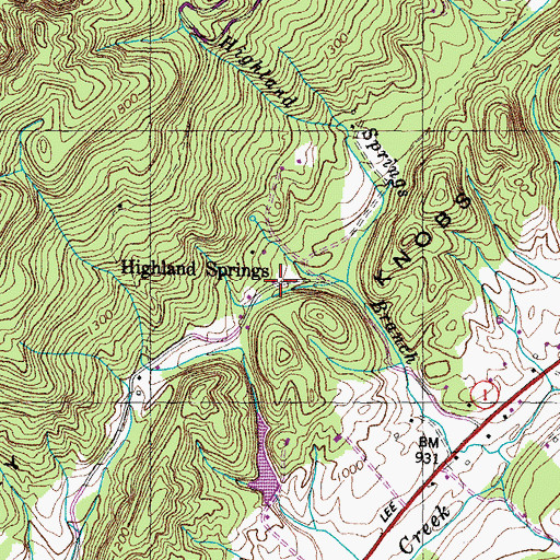 Topographic Map of Highland Springs, TN