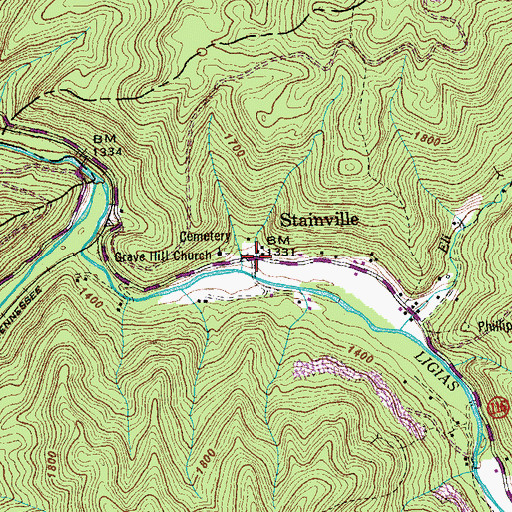 Topographic Map of Stainville, TN
