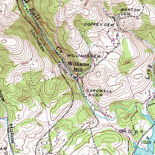 Topographic Map of Williams Mill, TN