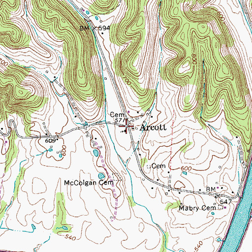 Topographic Map of Arcott, TN