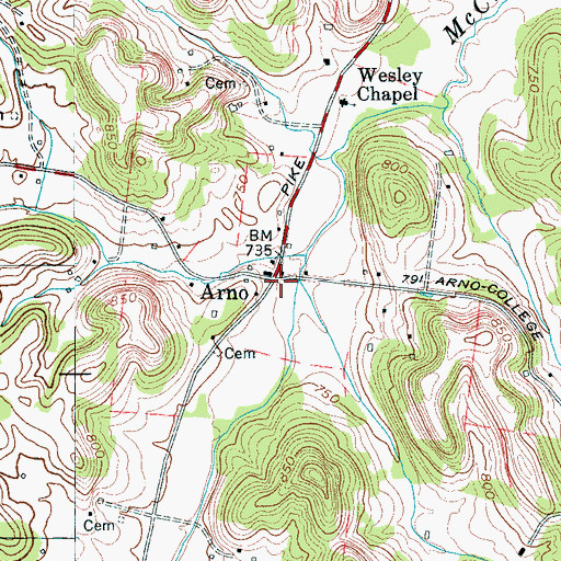 Topographic Map of Arno, TN