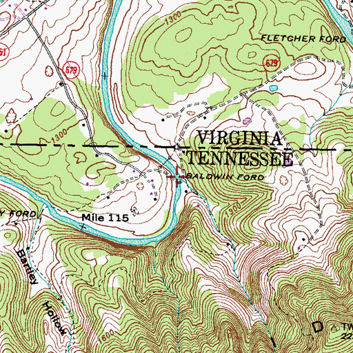 Topographic Map of Baldwin Ford, TN