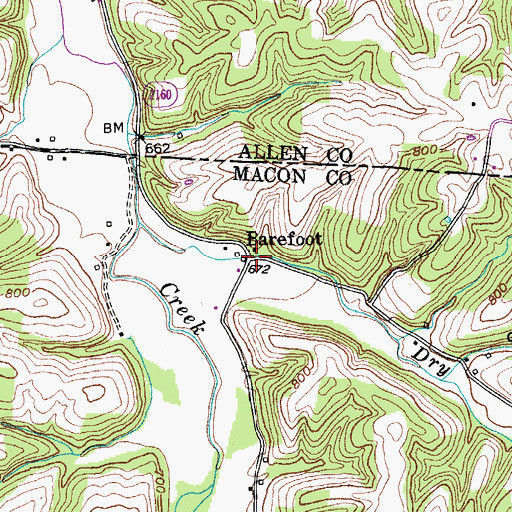 Topographic Map of Barefoot, TN
