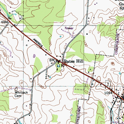 Topographic Map of Bates Hill, TN