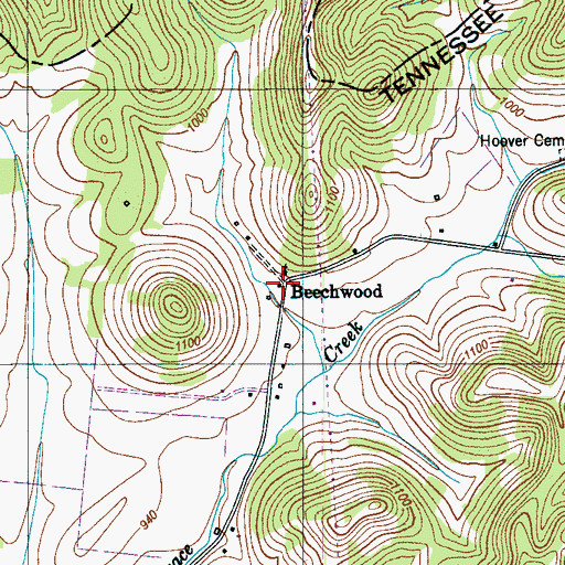 Topographic Map of Beechwood, TN