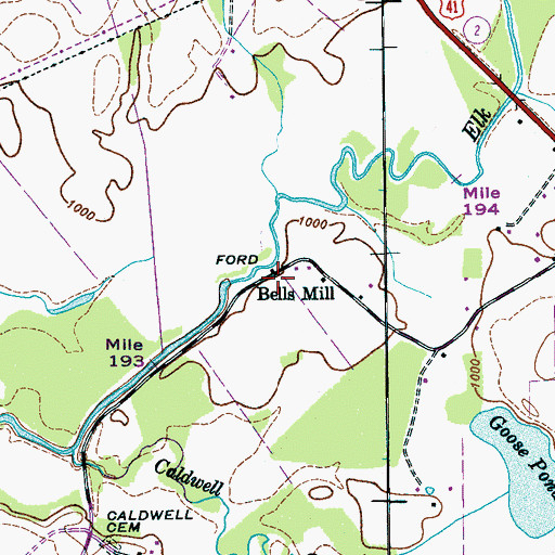 Topographic Map of Bells Mill, TN