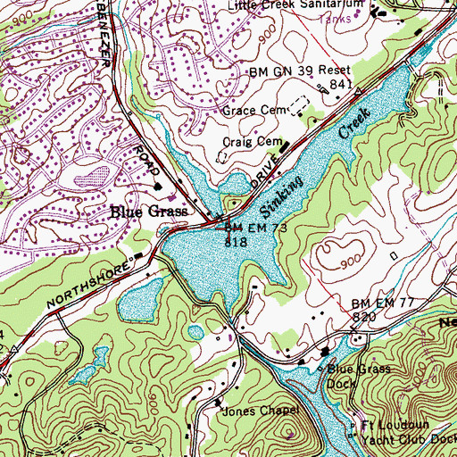 Topographic Map of Blue Grass, TN