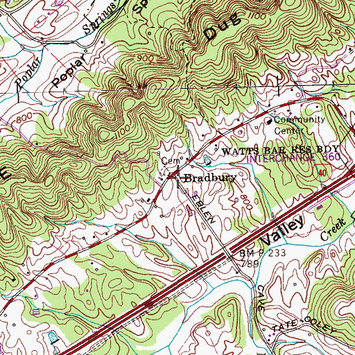 Topographic Map of Bradbury, TN