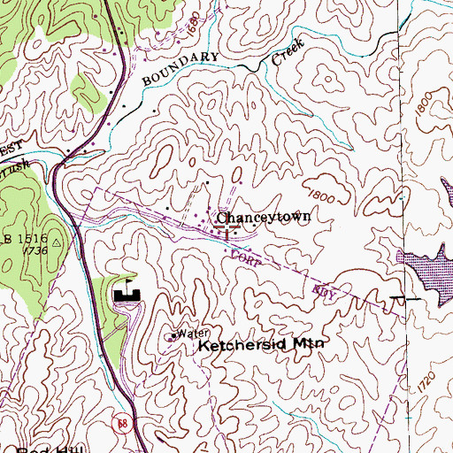 Topographic Map of Chanceytown, TN