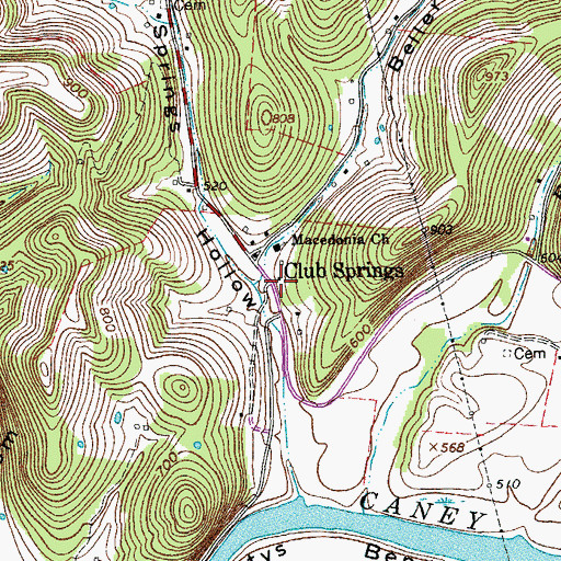 Topographic Map of Club Springs, TN
