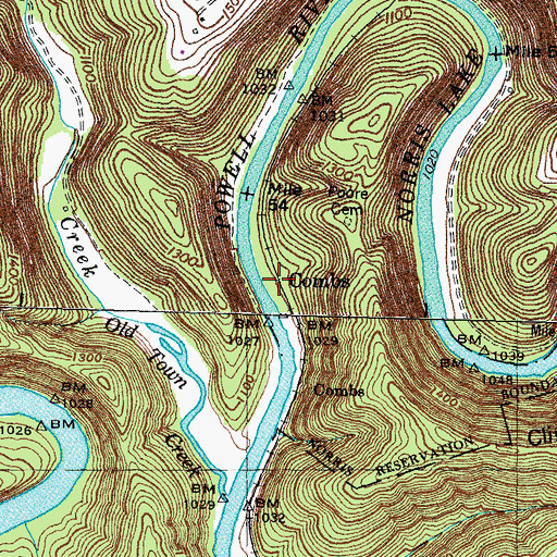Topographic Map of Combs, TN