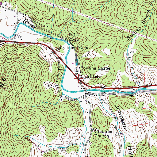 Topographic Map of Crabtree, TN