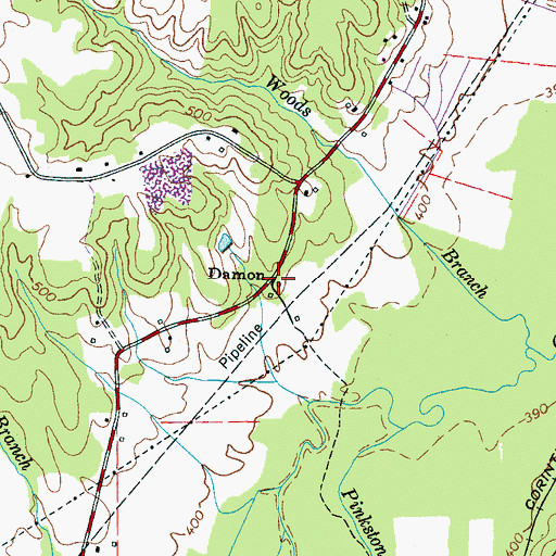 Topographic Map of Damon, TN
