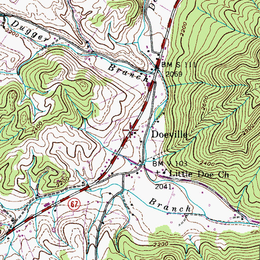 Topographic Map of Doeville, TN