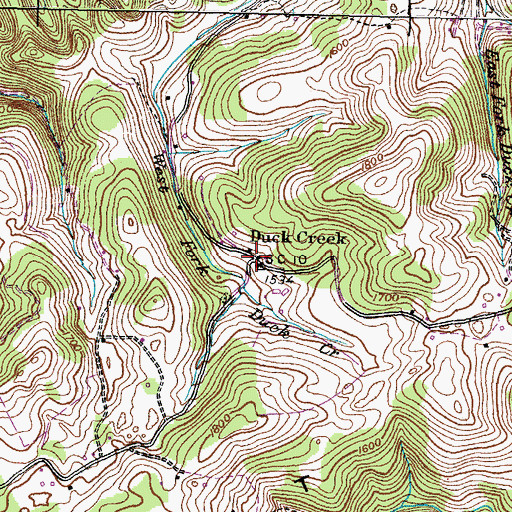 Topographic Map of Duck Creek, TN