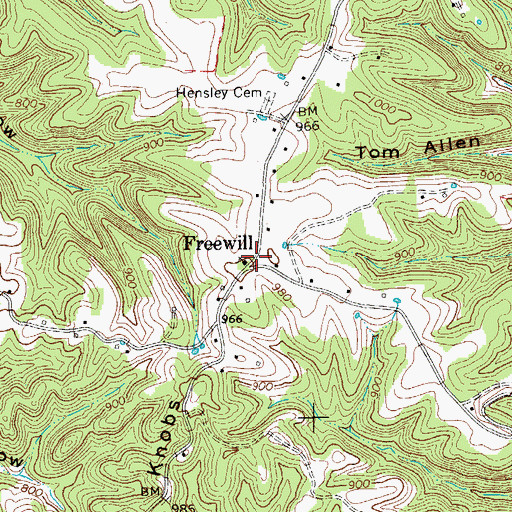 Topographic Map of Freewill, TN