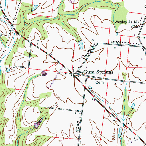 Topographic Map of Gum Springs, TN