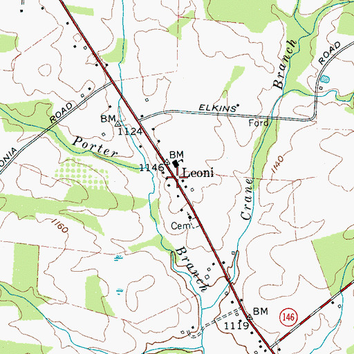 Topographic Map of Leoni, TN