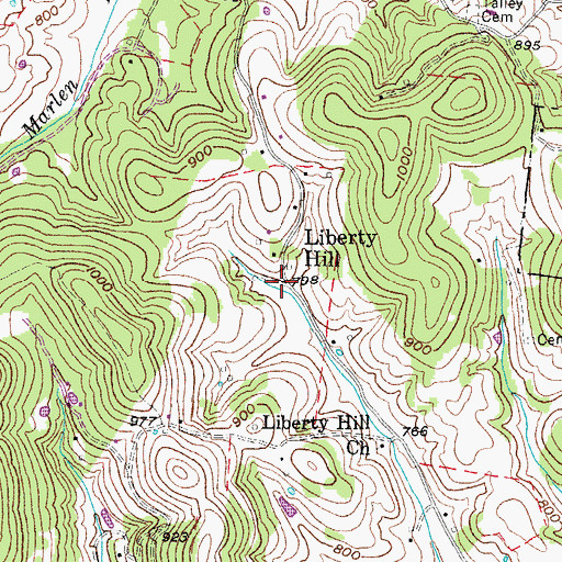 Topographic Map of Liberty Hill, TN
