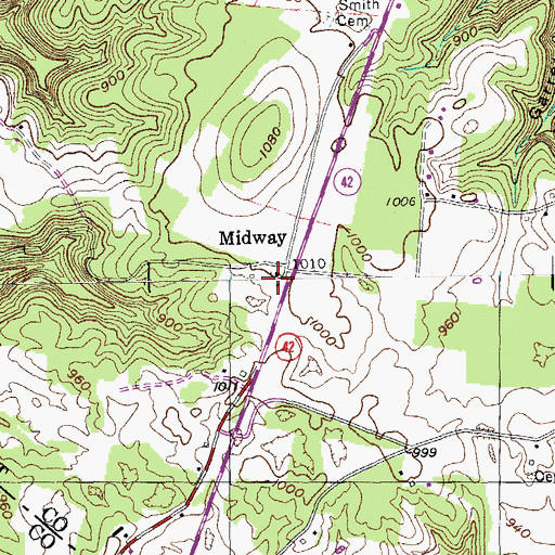 Topographic Map of Midway, TN