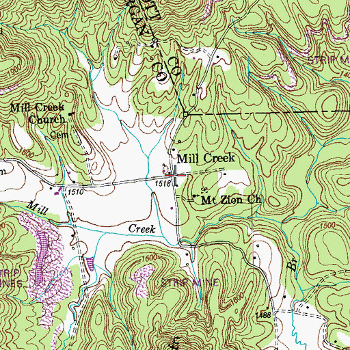 Topographic Map of Mill Creek, TN