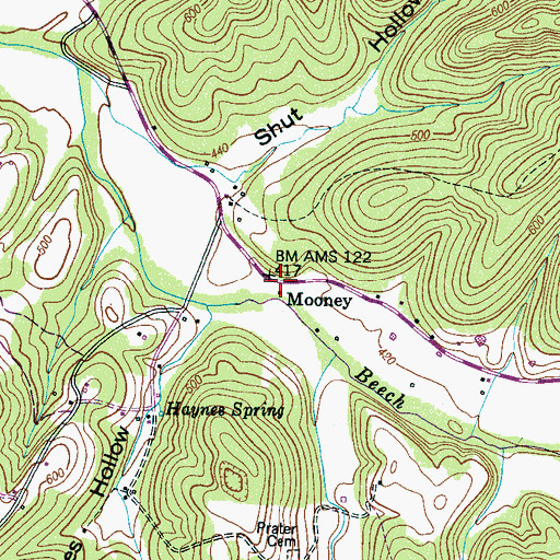 Topographic Map of Mooney, TN