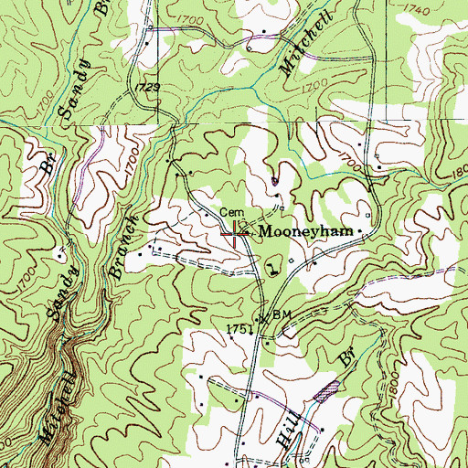 Topographic Map of Mooneyham, TN