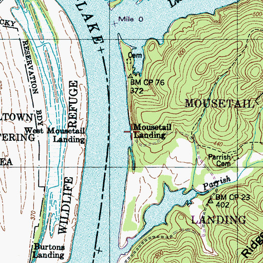Topographic Map of Mousetail Landing, TN